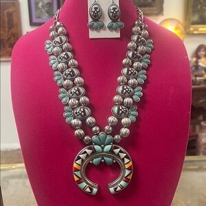 Native American Style Faux Turquoise and Silver-tone Necklace and Earring Set